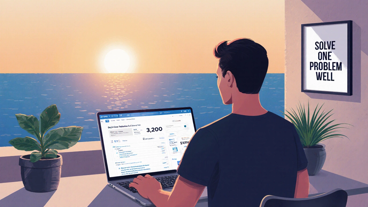 A remote founder watching a no-code tool dashboard showing thousands of users and monthly revenue.