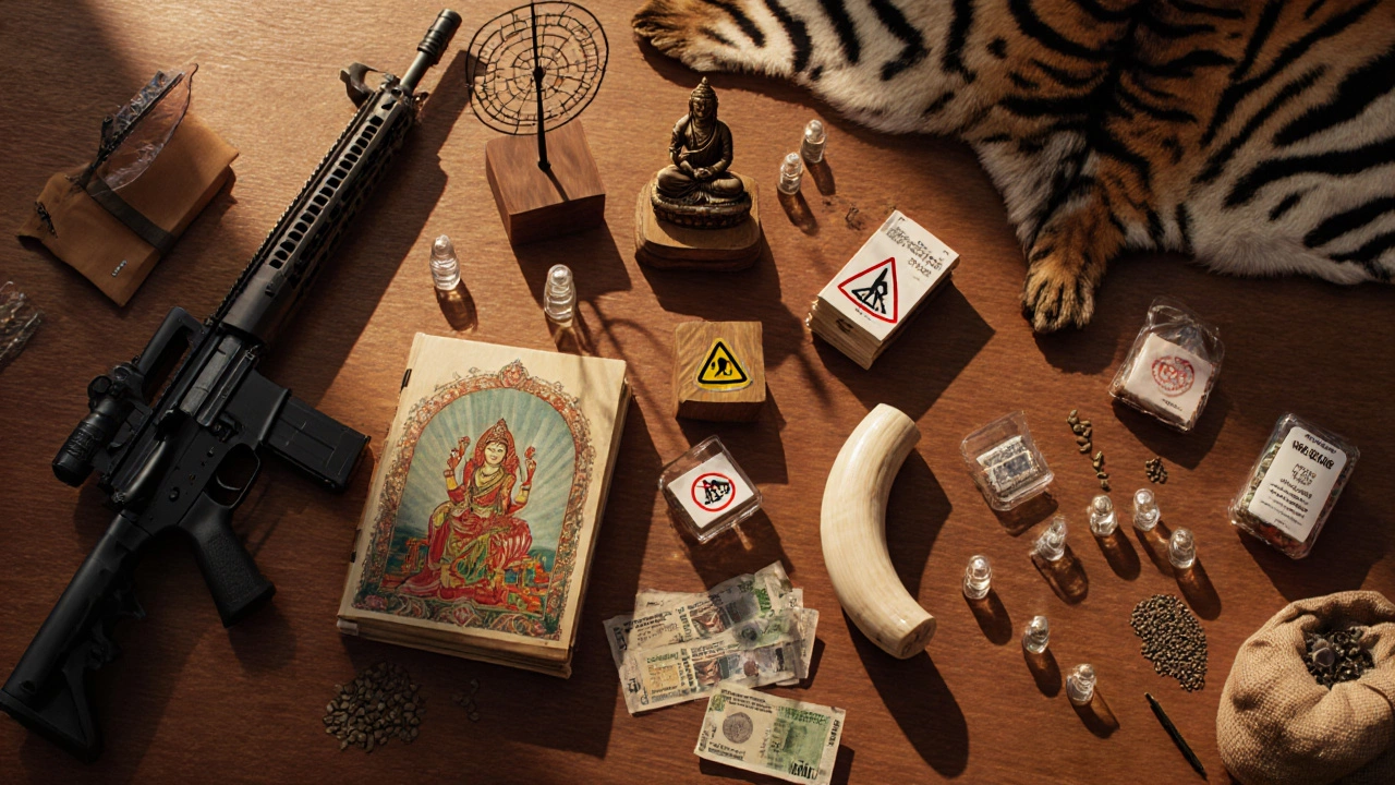 Artistic layout of prohibited export items like weapons, artifacts, wildlife products, and chemicals.