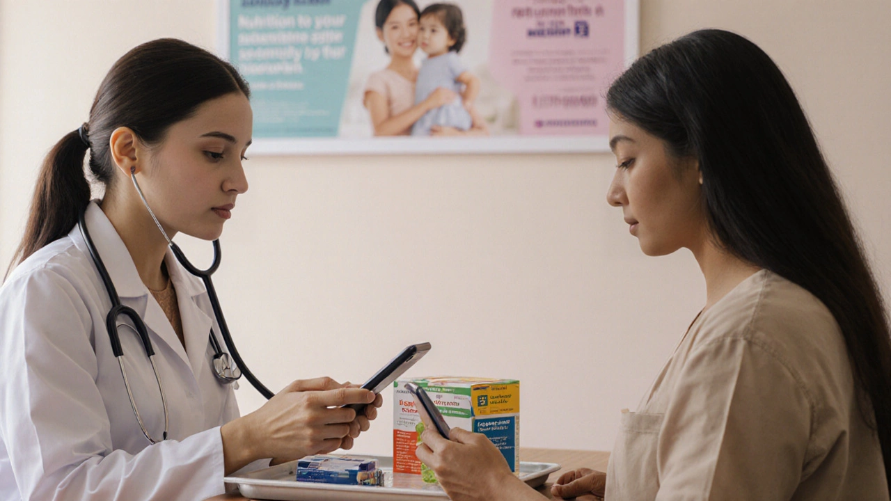 Beneficiary receiving health check‑up while viewing a bank transfer on her phone.