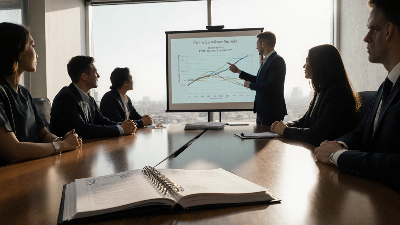 Boardroom meeting with valuation report, DPIIT certificate, and Form 3CD on the table.