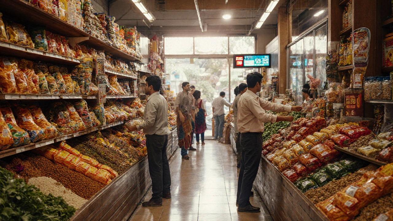 Bright interior of an Indian grocery store with stocked shelves, shoppers and a shopkeeper restocking items.