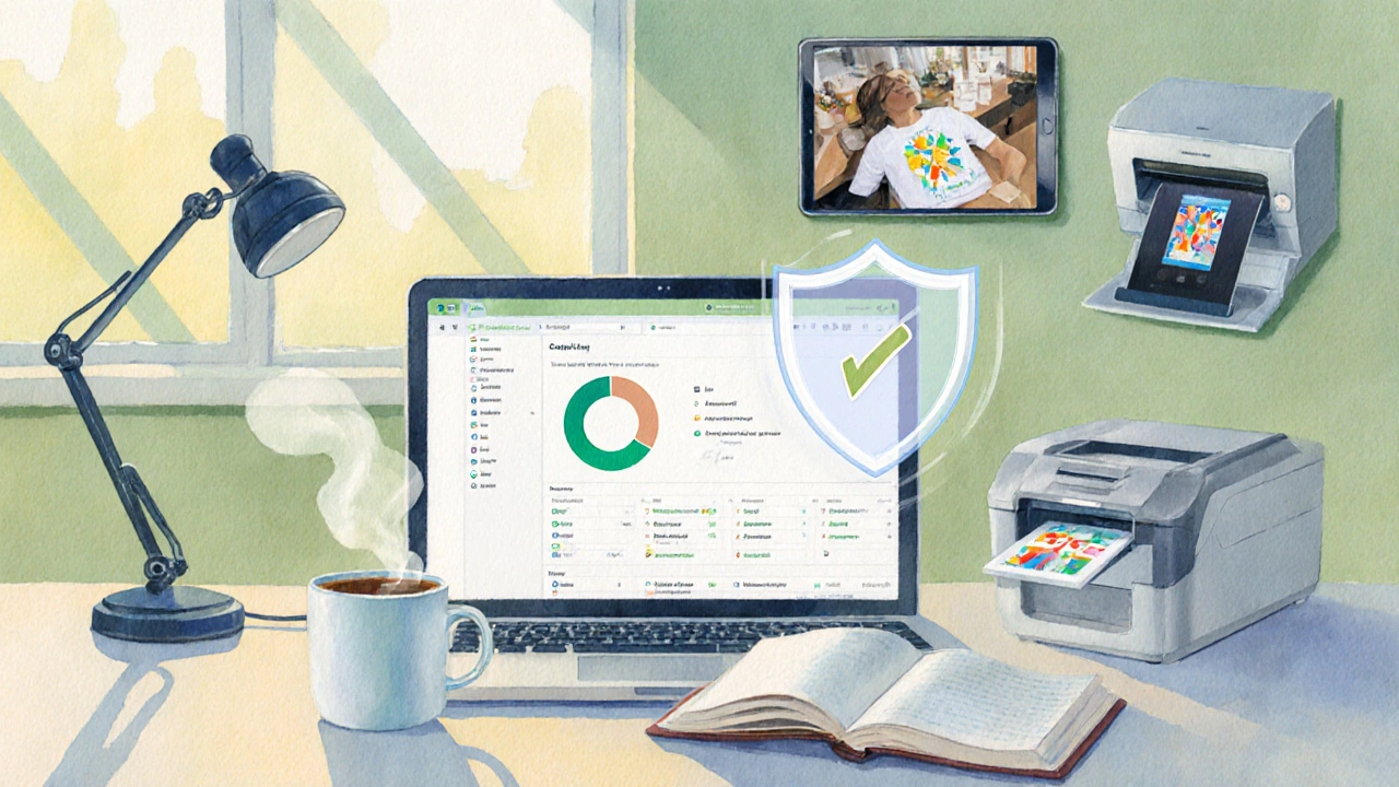 Bright watercolor of a calm home workspace with laptop, coffee, shield icon, and low‑risk business tools.