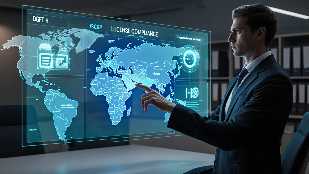 Businessperson reviewing a holographic export compliance dashboard in a modern office.