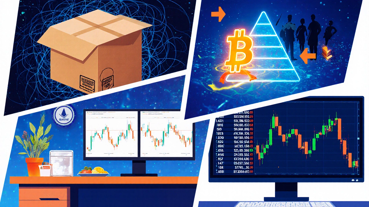 Collage illustrating dropshipping box, MLM pyramid, crypto coin, food prep kit, and stock trading screens.