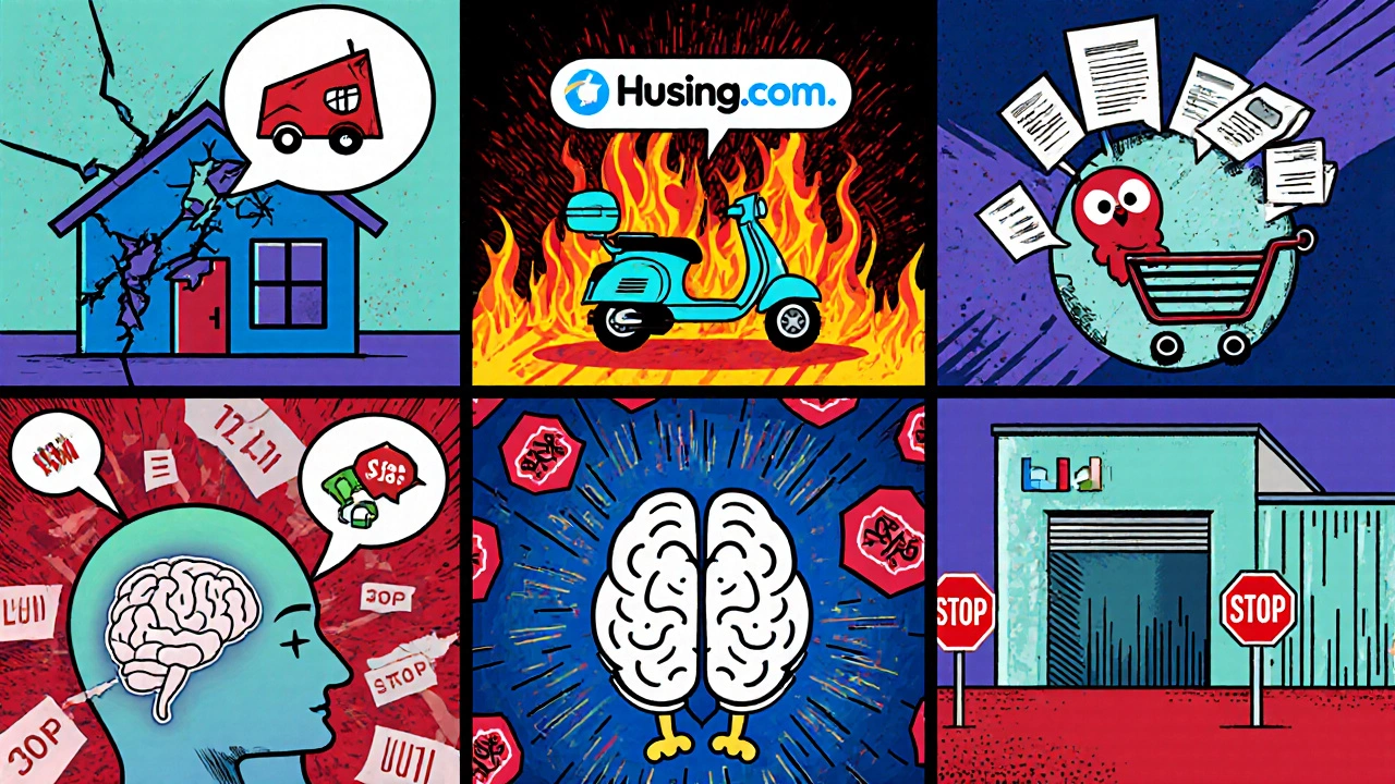 Comic collage showing icons of failed Indian startups like cracked house and burning scooter.