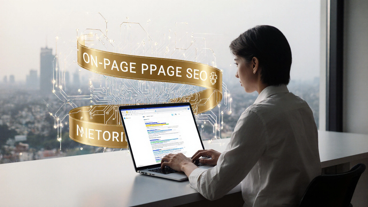 Creator surrounded by symbols for on‑page, off‑page, and technical SEO.