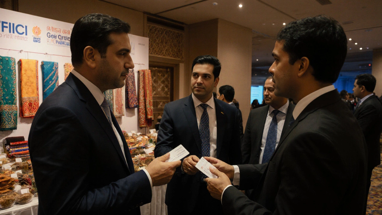 Diverse buyers networking at an Indian export summit surrounded by traditional export goods.