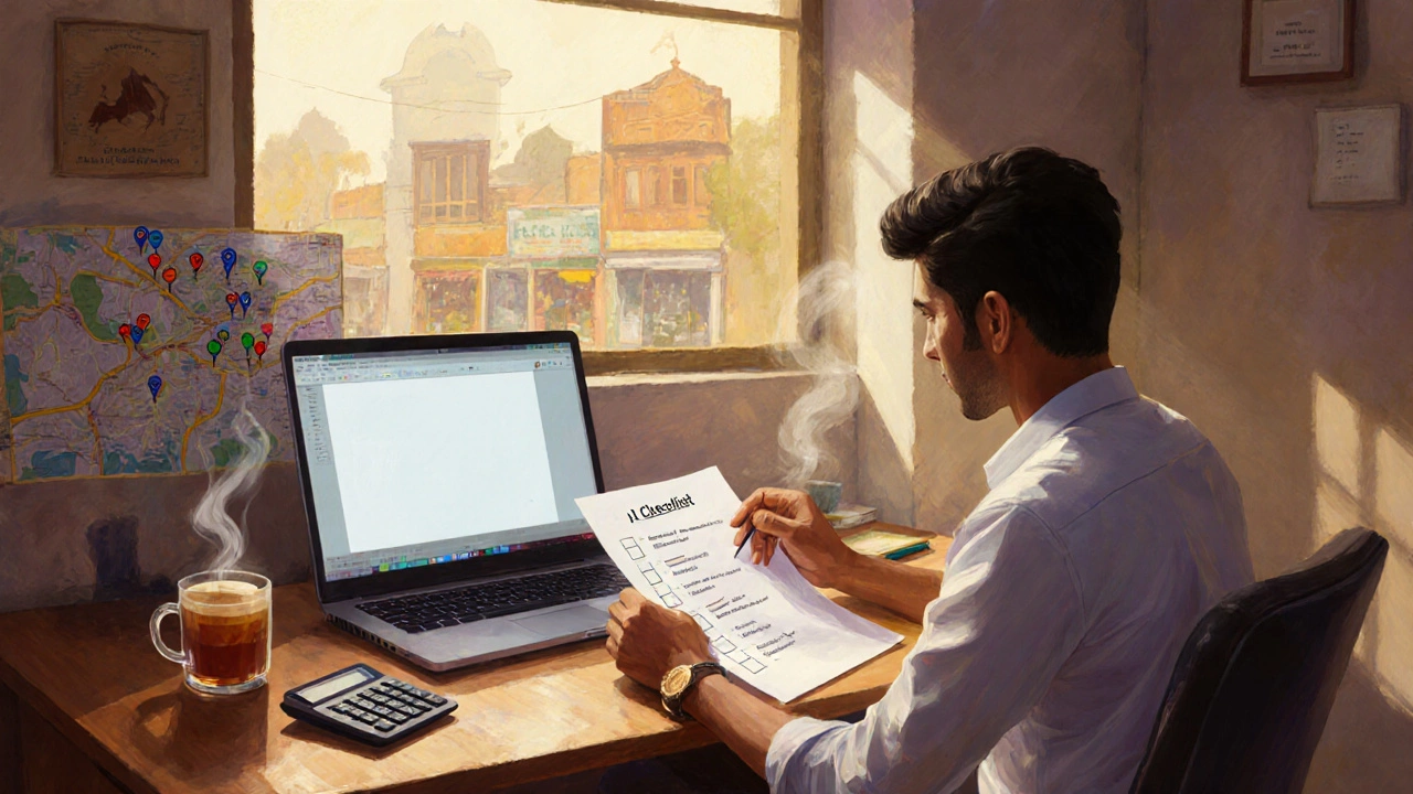 Entrepreneur at a desk reviewing a checklist, with a chai cup, calculator and map of potential shop locations.