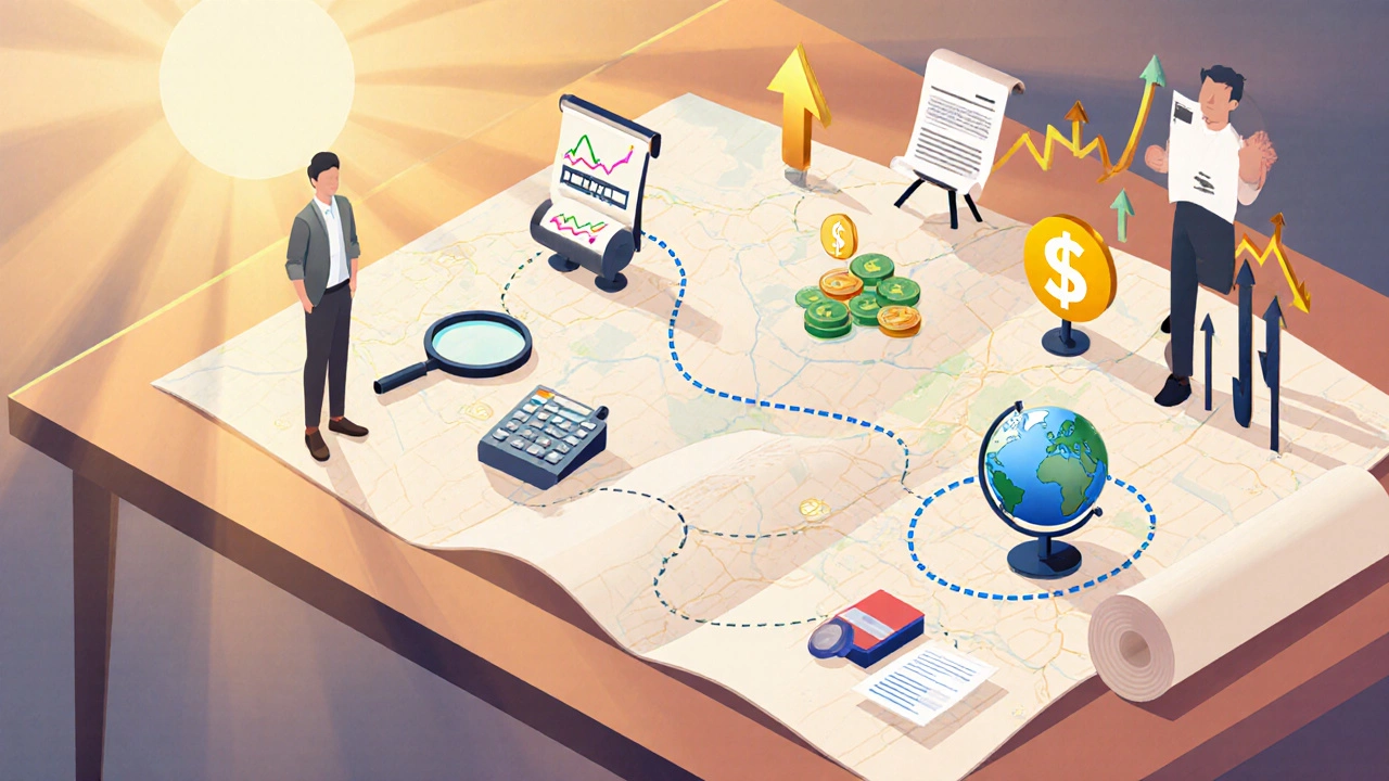 Entrepreneur looking at a roadmap with icons for validation, finance, legal, online, MVP, and scaling.