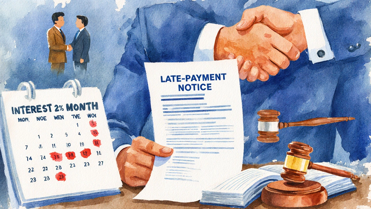 Entrepreneur reviewing a late‑payment notice with calendar, gavel, and handshake.