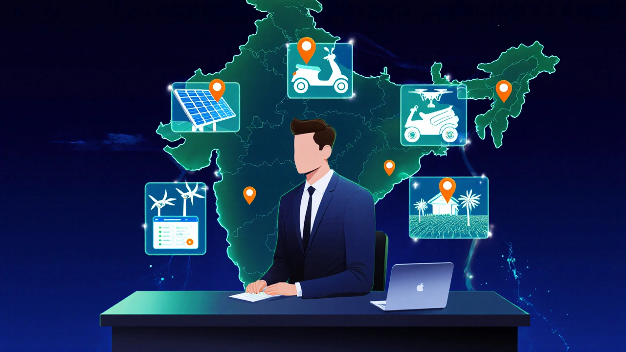 Entrepreneur surrounded by holographic icons of renewable, EV, health, edtech, and agritech sectors.