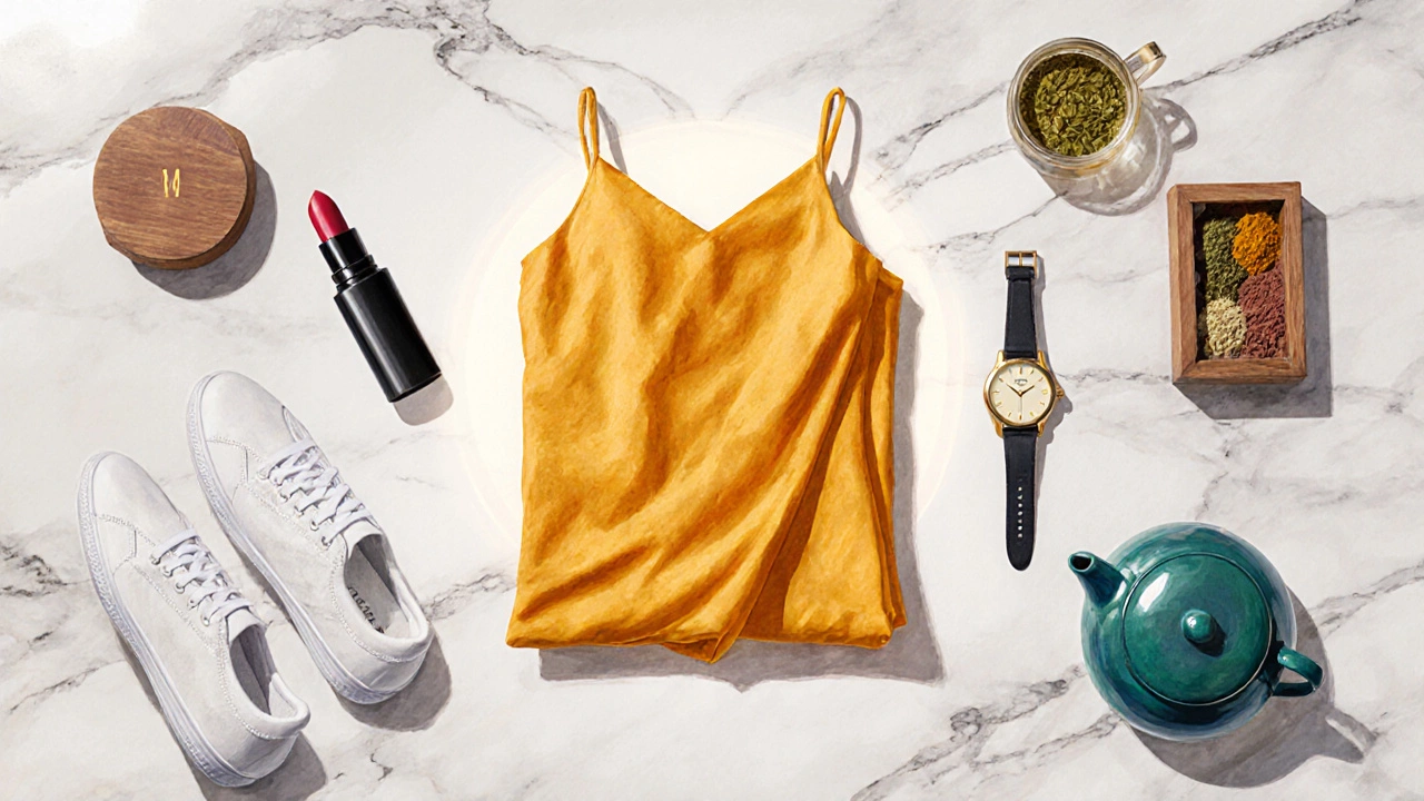 Flat lay of clothing, beauty, health, footwear, and home items on a marble table.