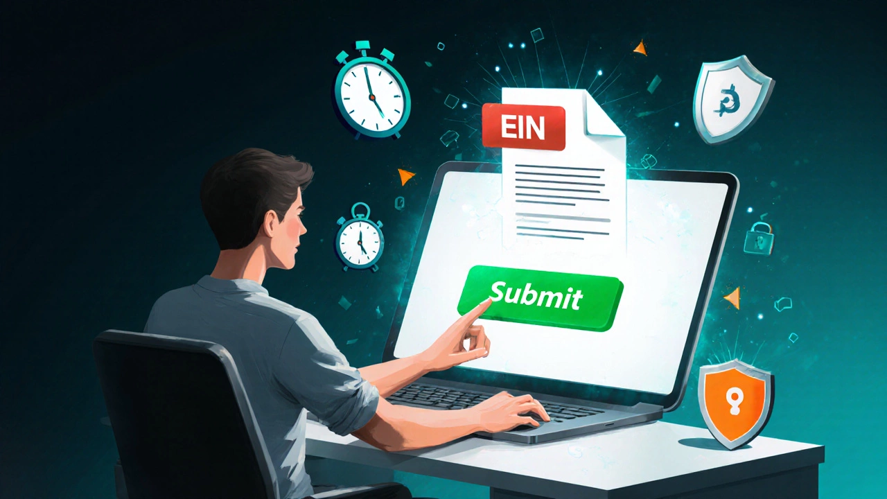 Founder completing an online EIN application with icons for speed, free cost, and security.