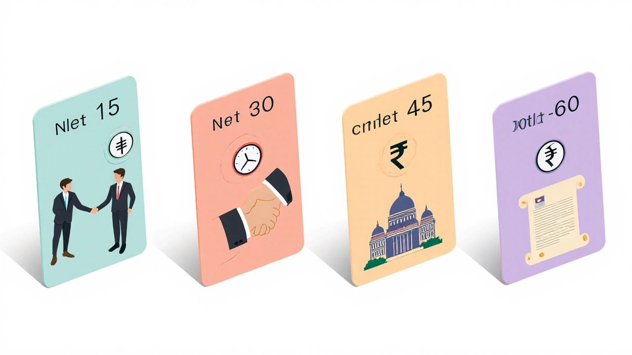 Four stacked cards showing Net 15, Net 30, Net 45, and Net 60 payment terms.