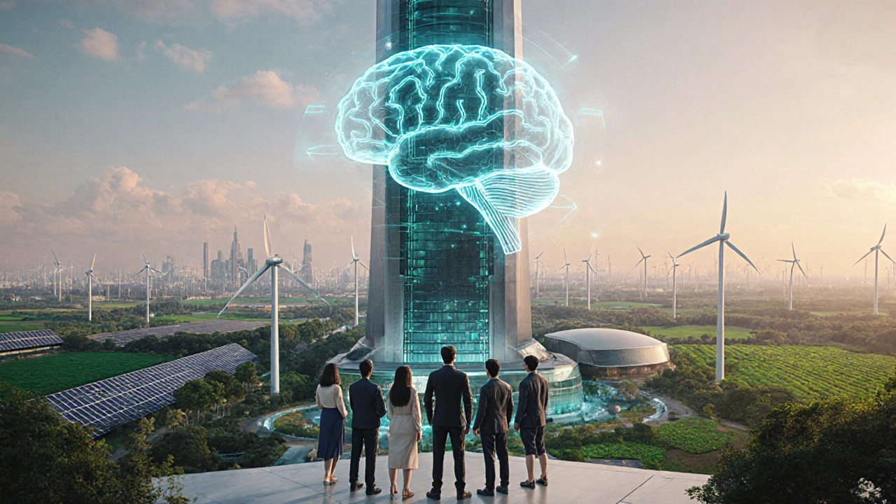 Futuristic Indian city showing AI hologram, wind turbines, and entrepreneurs looking ahead.