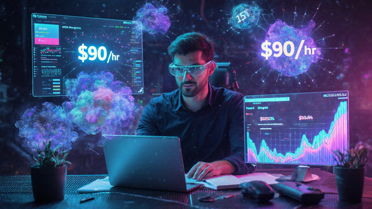 Futuristic marketer using AI holograms to analyze data, glowing earnings figures around.