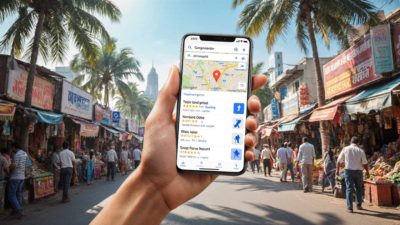 Hand holding a phone showing local Indian search results with city landmarks.