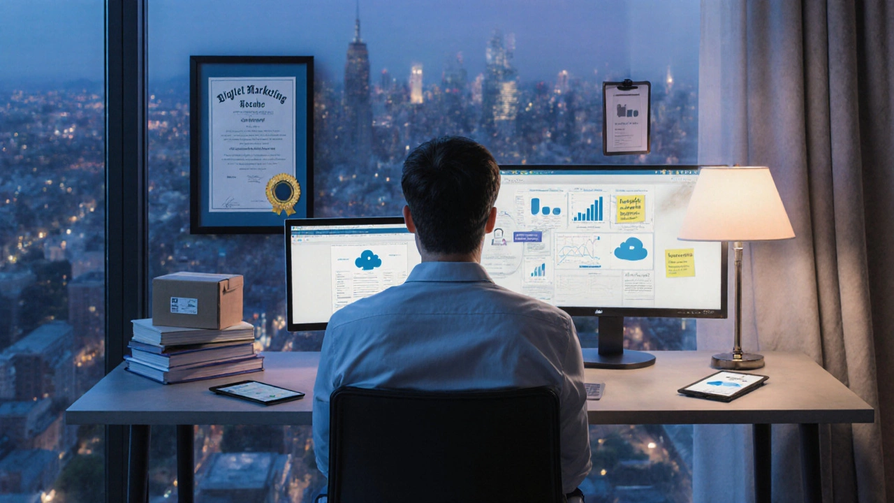 Home office of a remote worker surrounded by subtle cues of multiple evergreen jobs.