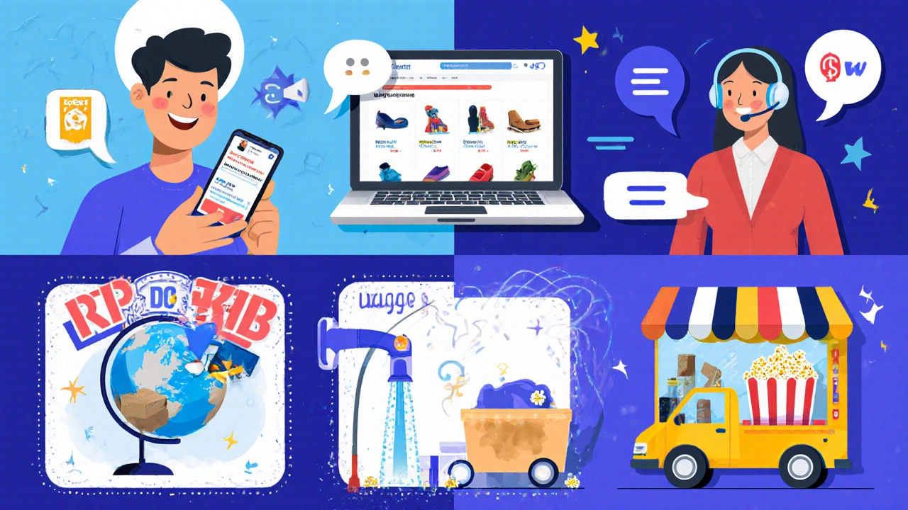 Illustrated collage of online resale, consulting, dropshipping, car wash, and food cart ideas.