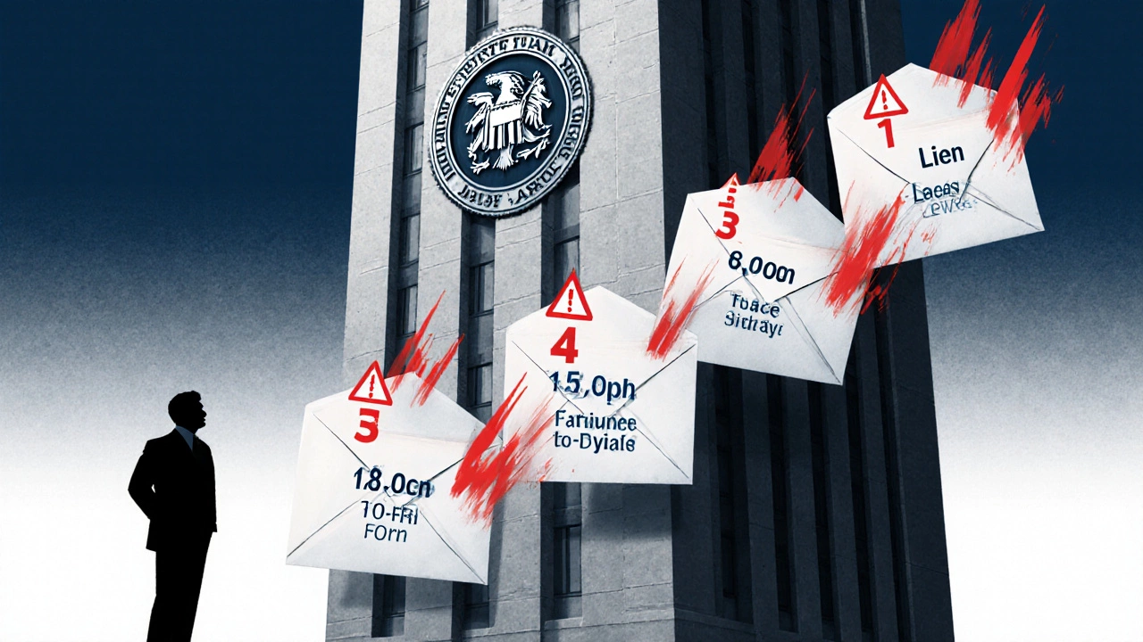 Illustrated timeline of IRS notices and penalties leading to a looming tax tower.