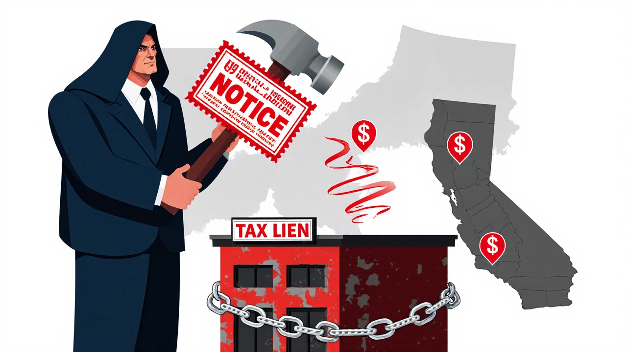 Illustration of IRS enforcement with a hammer and notice stamps.