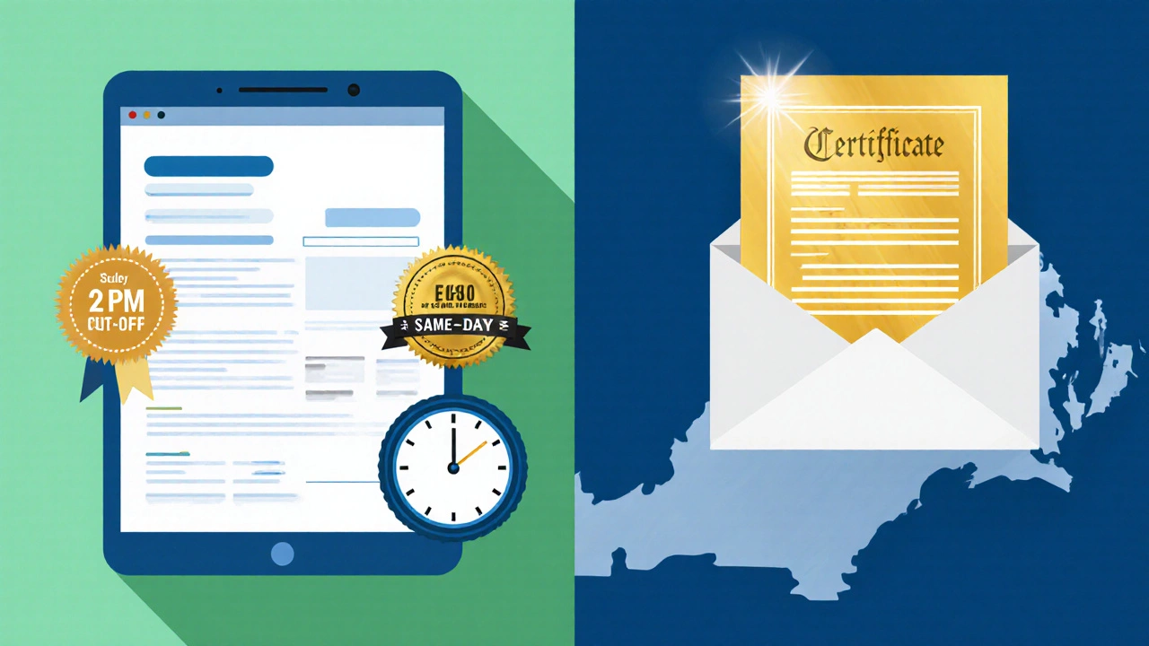 Illustration of same‑day filing with clock, certificate and EIN icons.