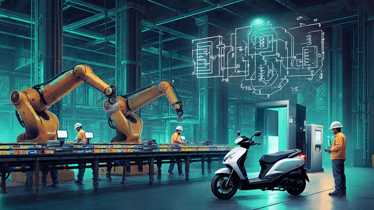 Inside an Indian EV battery factory, robots assemble cells as workers monitor screens and an electric scooter exits.
