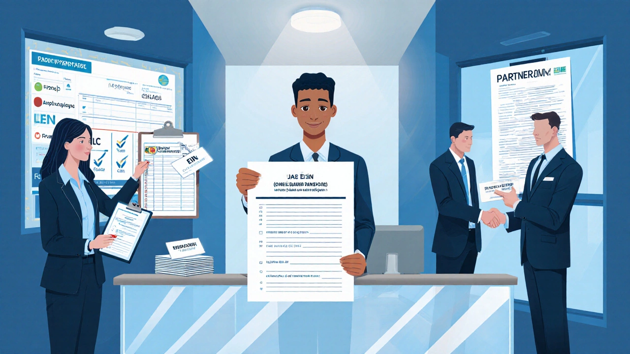 Office scene showing bank teller, payroll manager, and partnership signing documents, all needing an EIN.