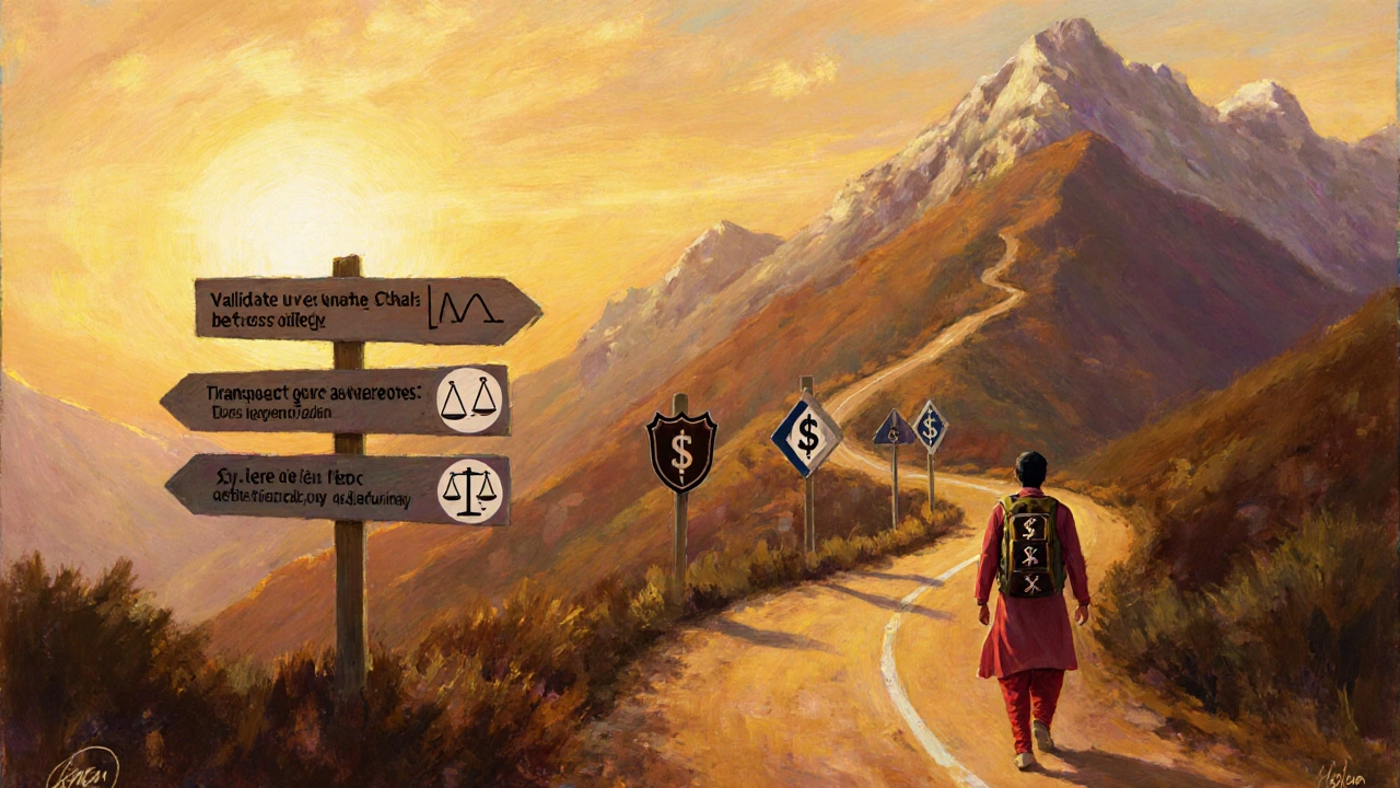 Oil painting of a mountain trail with symbolic signposts representing startup lessons.