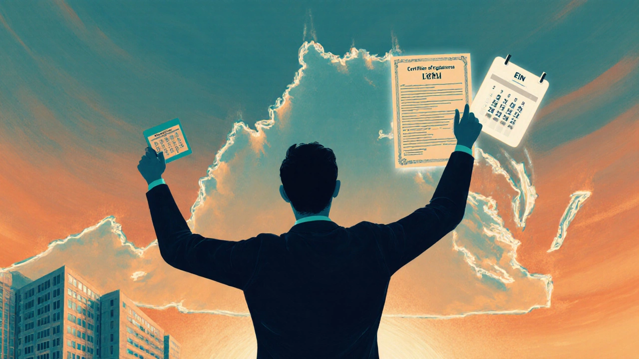 Painterly scene of business owner holding LLC certificate after fast‑track filing.