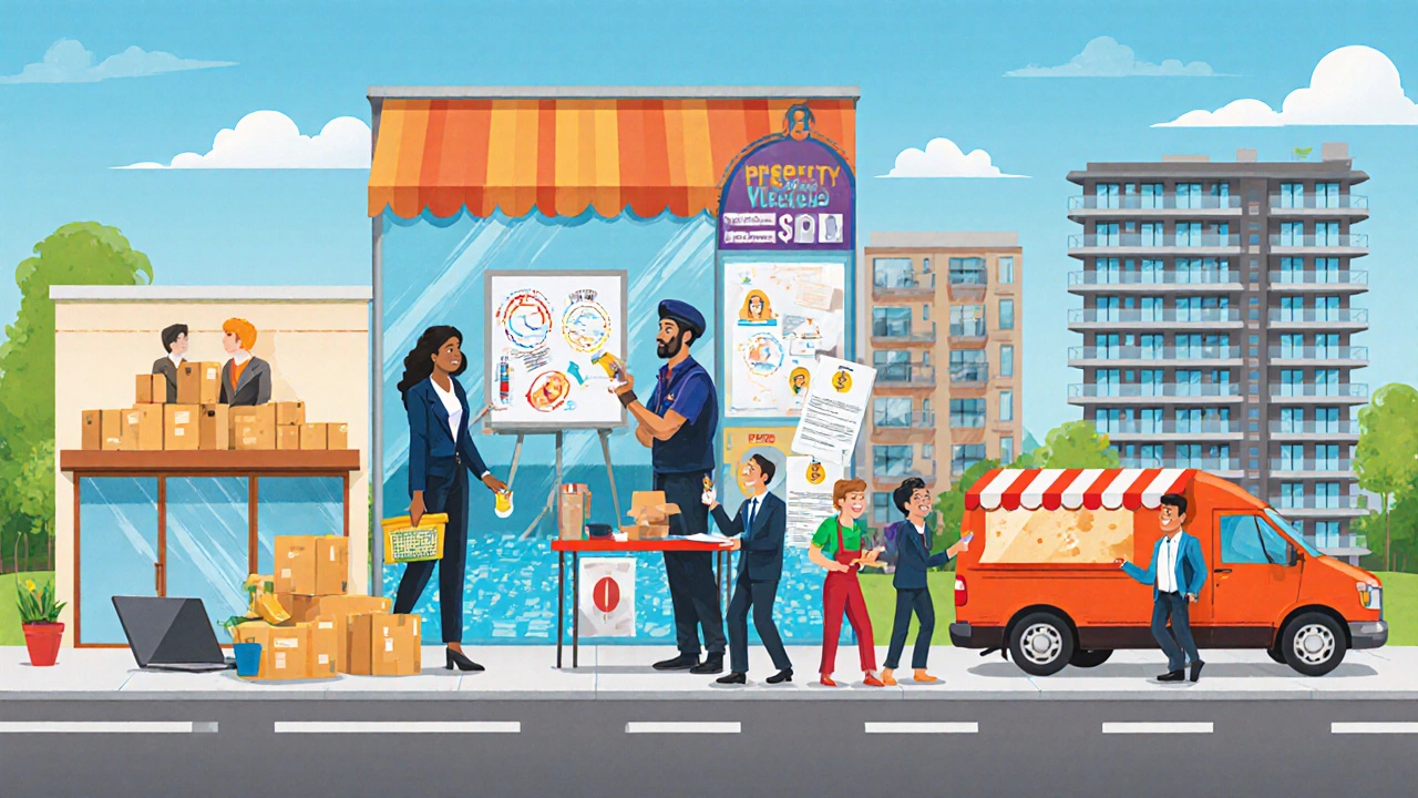 Panoramic illustration of e‑commerce, marketing agency, cleaning service, food truck, and property management.