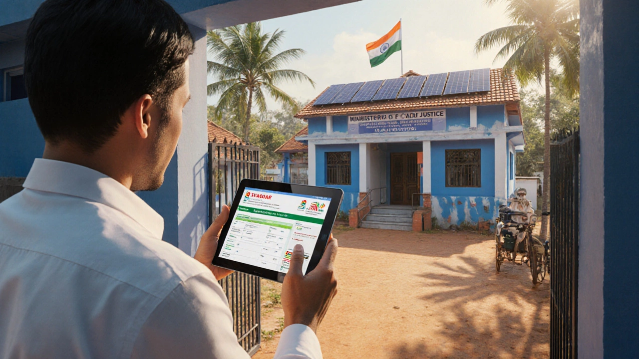 Photorealistic view of a government officer inspecting a renovated old‑age home with a tablet showing the SWADHAR portal.