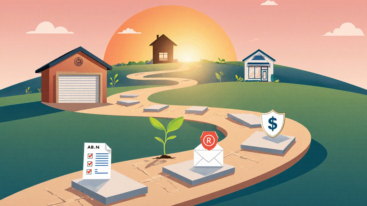 Roadmap illustration showing steps from garage to storefront with legal and grant icons.