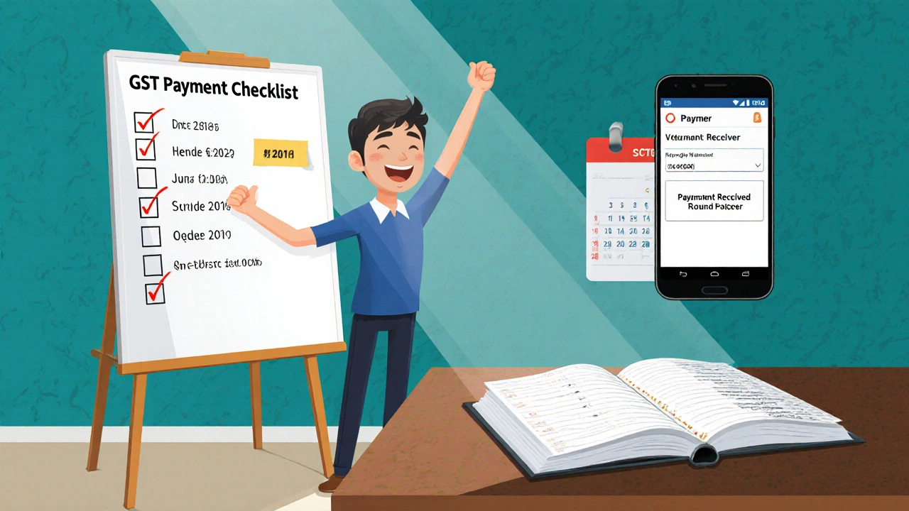 Smiling entrepreneur checking a calendar reminder after paying GST.