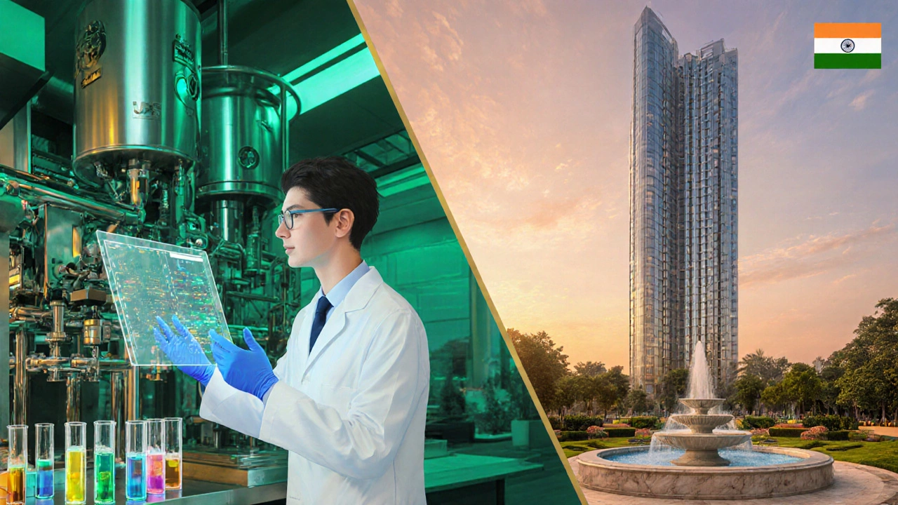Split illustration of a pharma lab and luxury real‑estate development representing booming sectors.