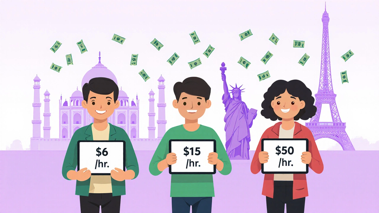Three marketers of varying skill levels with floating hourly rates, landmarks of India, USA, Europe behind them.