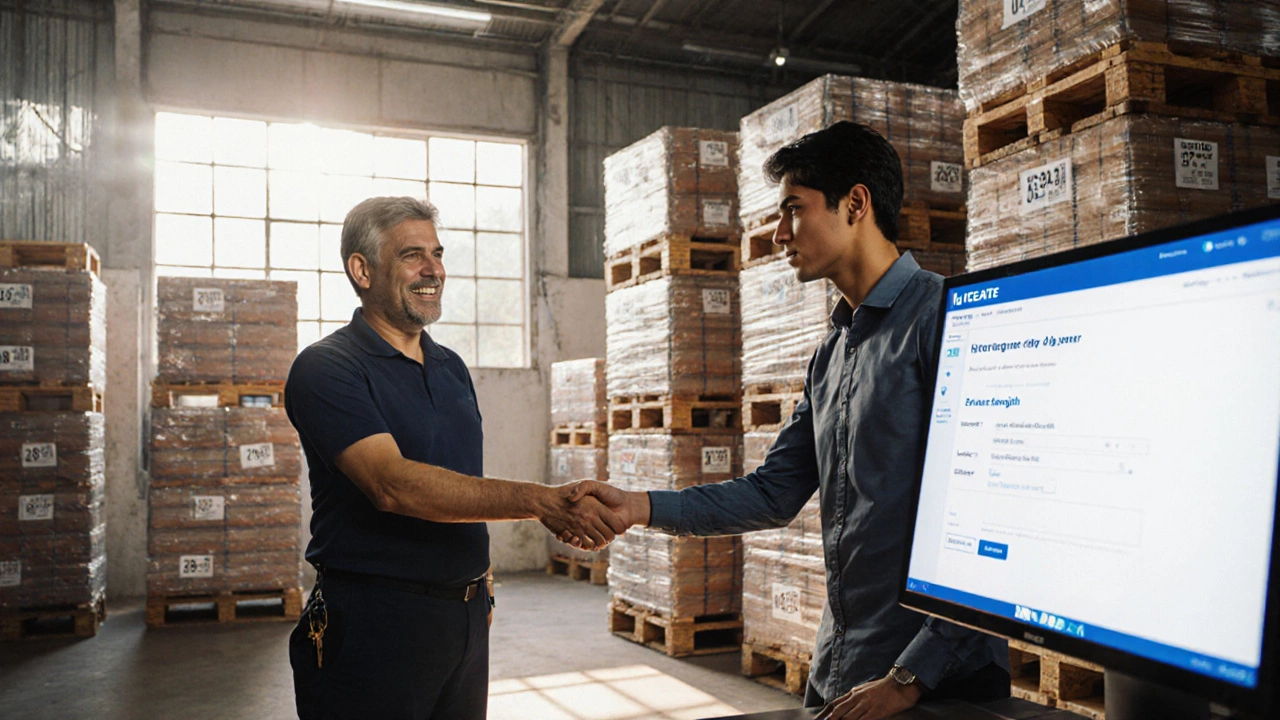 Warehouse handover with digital keys being passed, export pallets visible in the background.