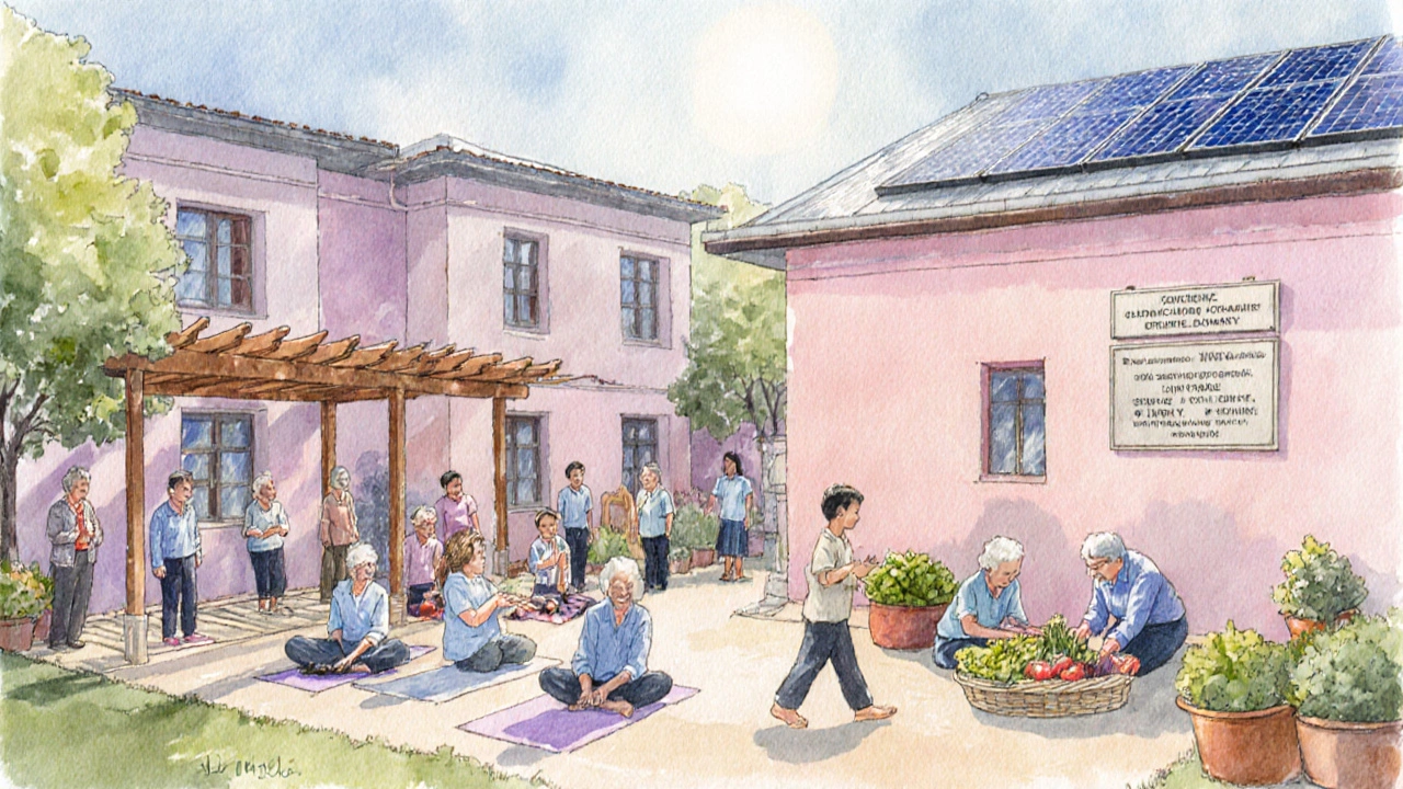 Watercolor of a vibrant old‑age home courtyard with residents, volunteers, solar panels and a newly built wing.