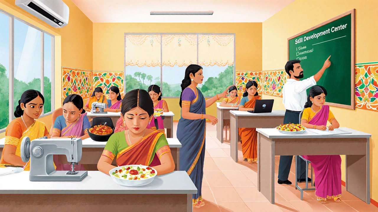 Women at a Goa skill center learning sewing, digital, and cooking.