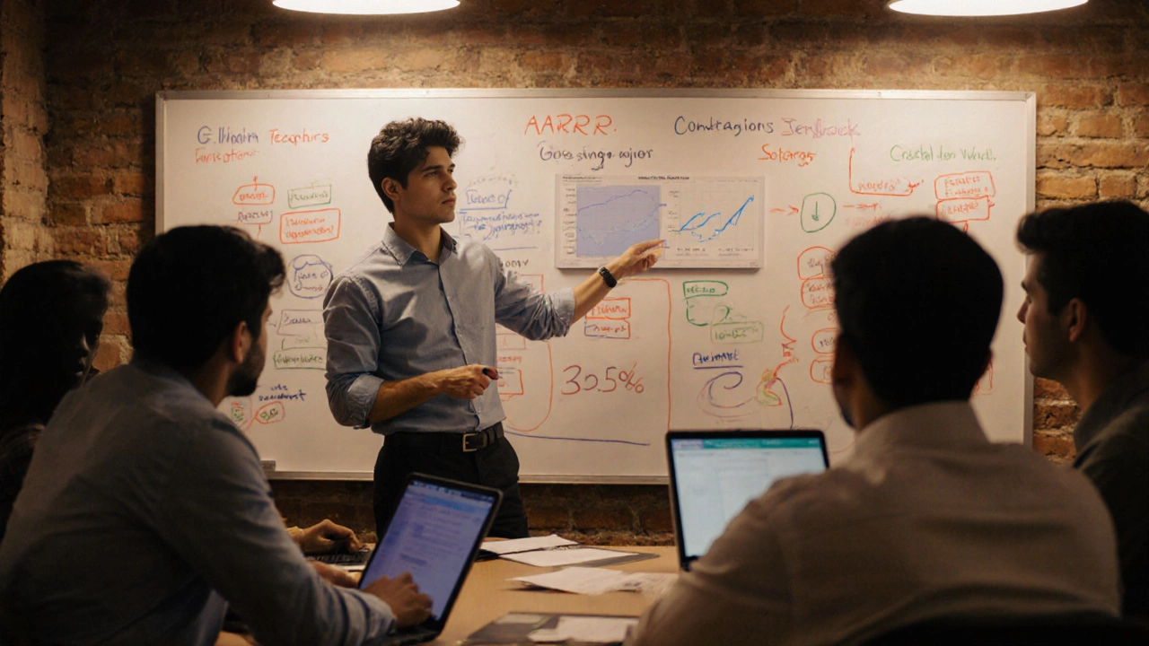 A professional presenting campaign results to startup founders in a Bangalore co-working space.