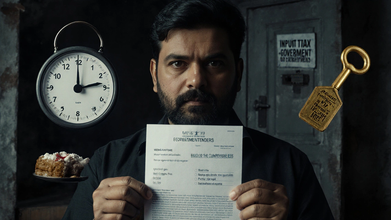 Bakery owner in Jaipur holding a GST notice with tax amount and seized goods floating around.