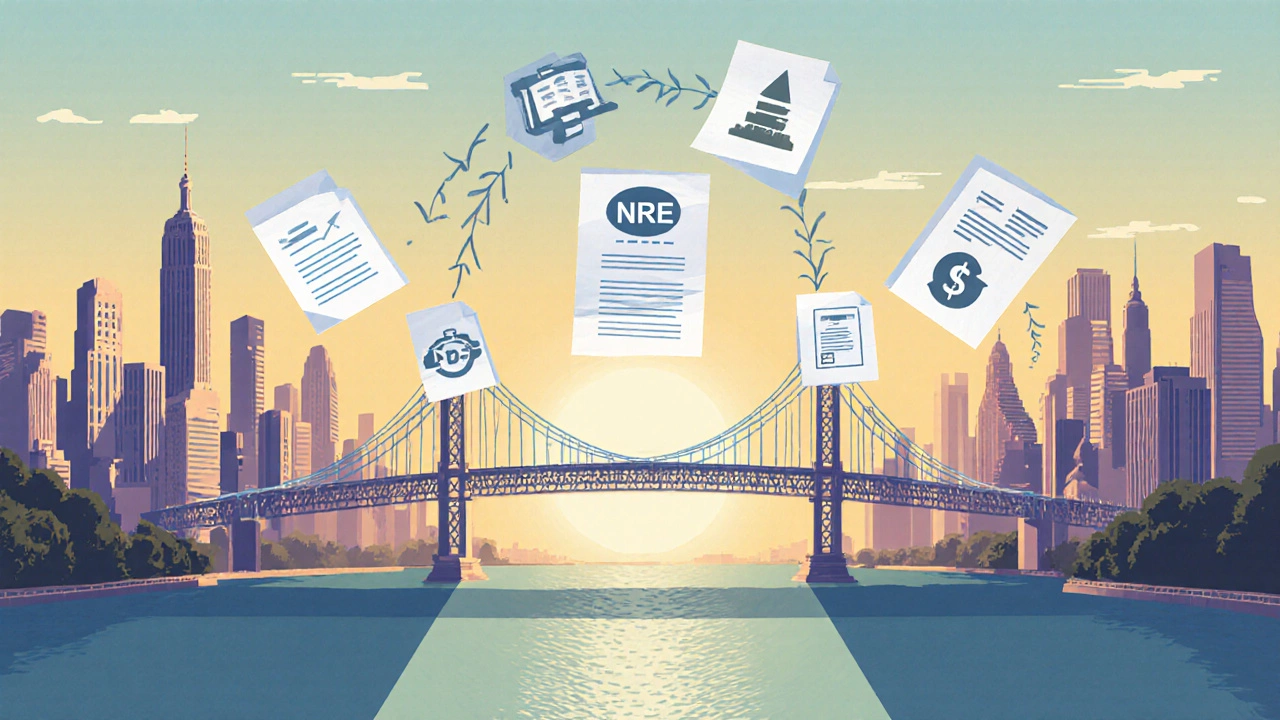 Bridge connecting U.S. and Indian skylines with financial symbols flowing between them.