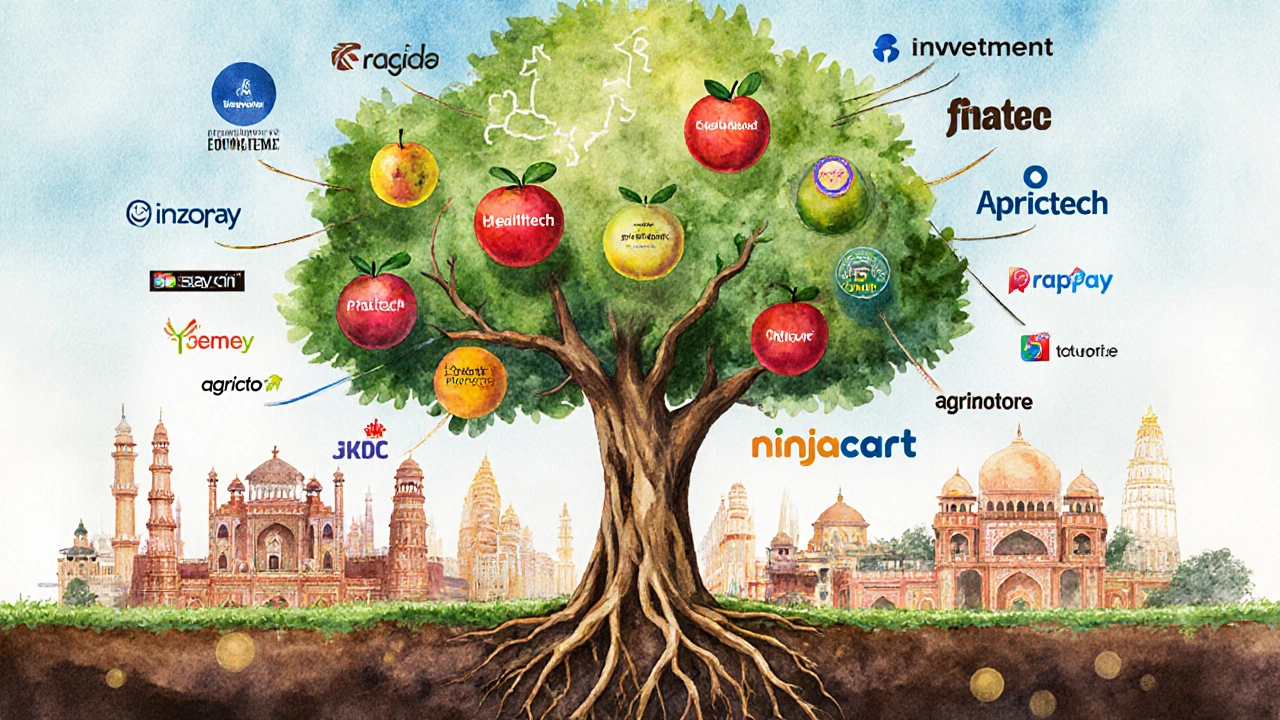 Conceptual tree illustration representing India&#039;s startup ecosystem with sectors as branches and key companies as fruit.