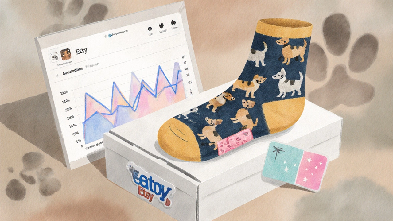 Custom pet sock design on Etsy packaging with Canva tools nearby.