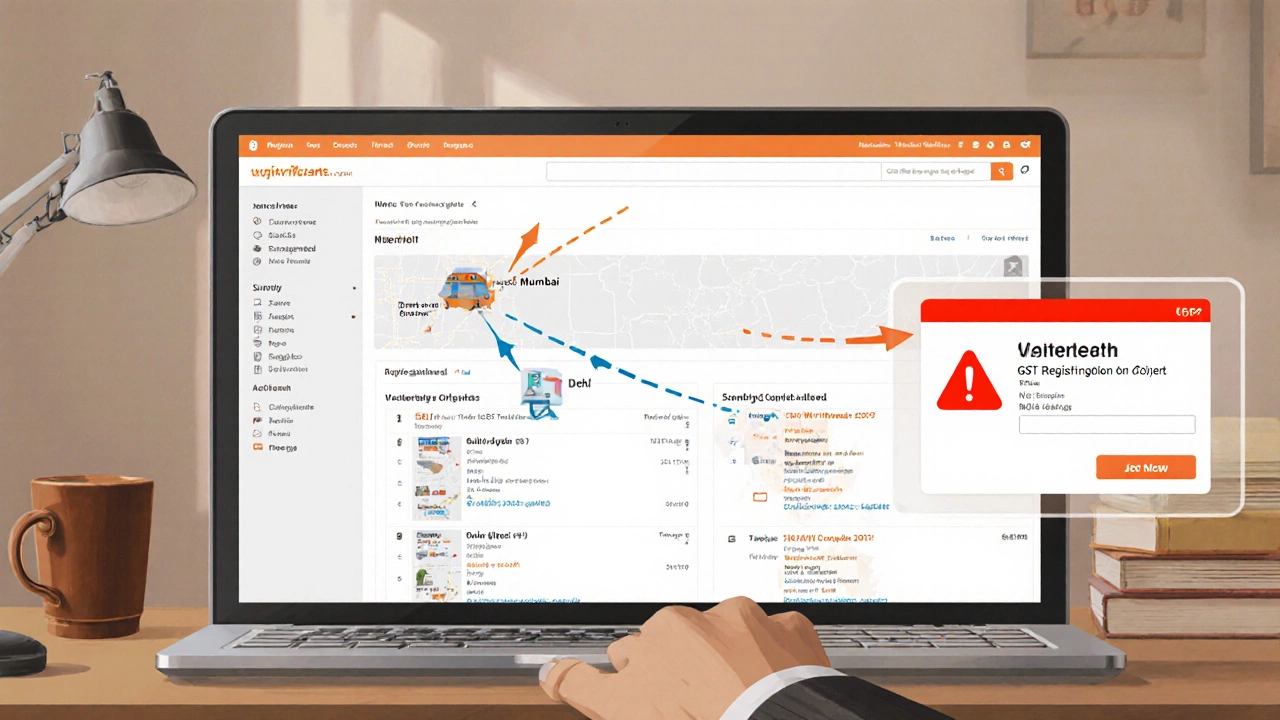 Freelancer in Bangalore working online with interstate orders and GST alert on screen.