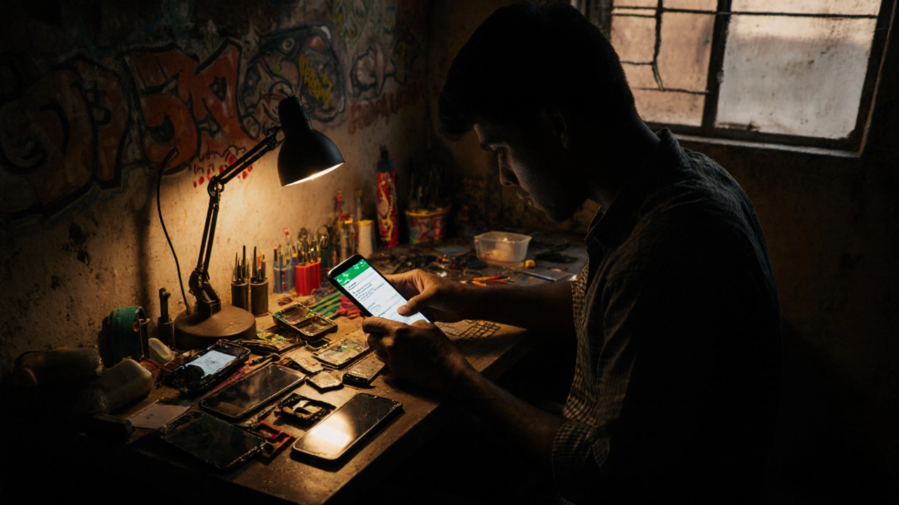 Man repairing phones in a garage with tools and WhatsApp orders visible.