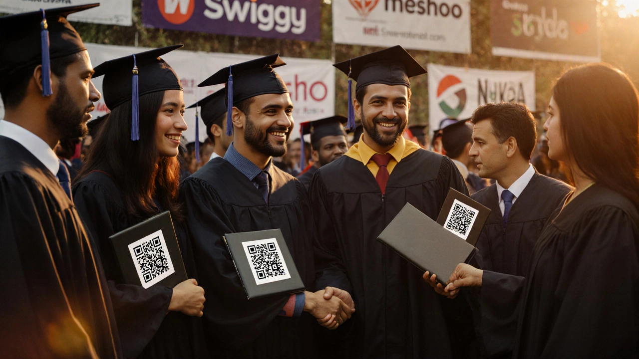 MBA graduates holding portfolios with live campaign data at a graduation ceremony in India.