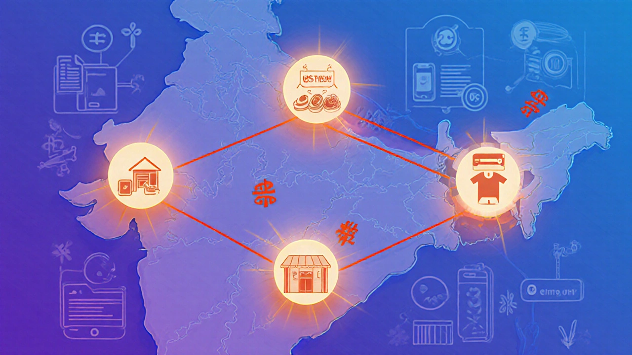 Network of micro-businesses connected across Indian cities with profit symbols.