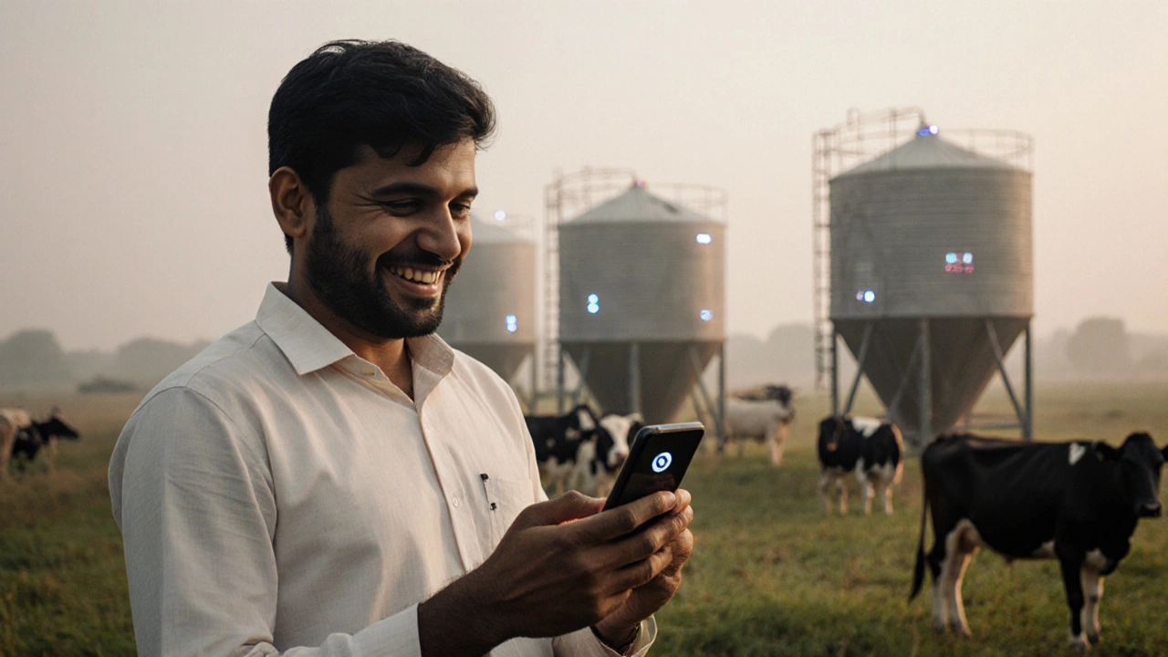 Rural farmer in Gujarat receiving instant UPI payment on smartphone from IoT-enabled milk tank system.