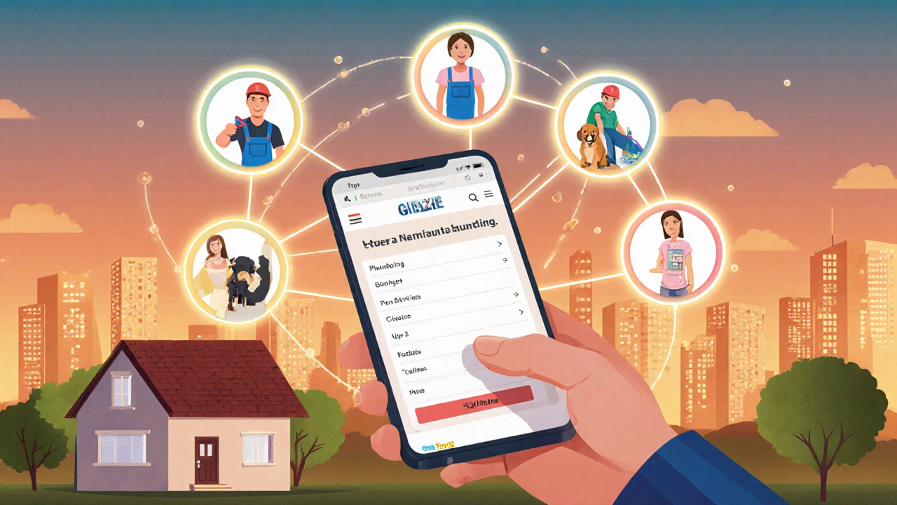 Smartphone showing local service platform connecting home workers to clients.